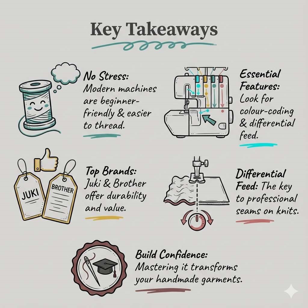 Doodle-style infographic summarizing key takeaways on what is a good serger for beginners, listing essential features, ease of use, and top brands like Juki and Brother.