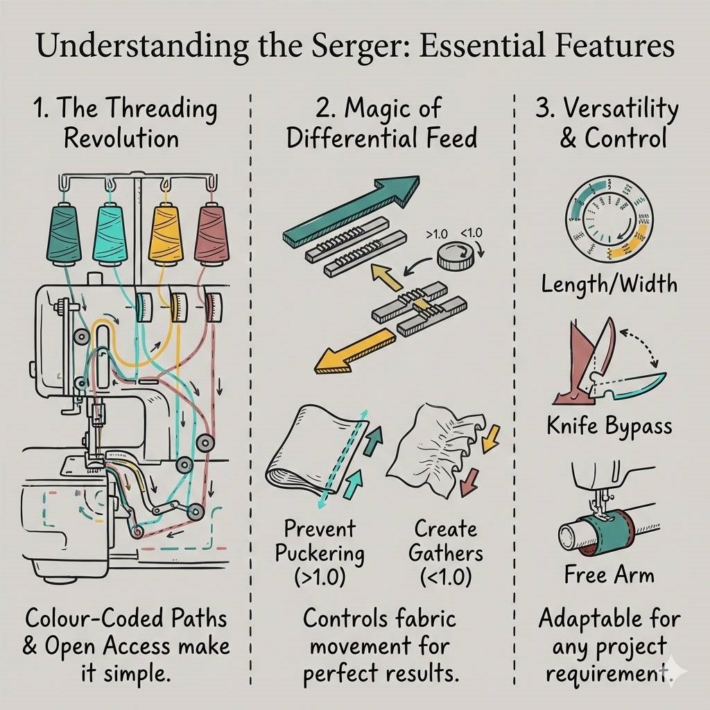 Hand-drawn infographic visualizing essential serger features for beginners, including colour-coded threading paths, differential feed mechanics, and machine versatility options.