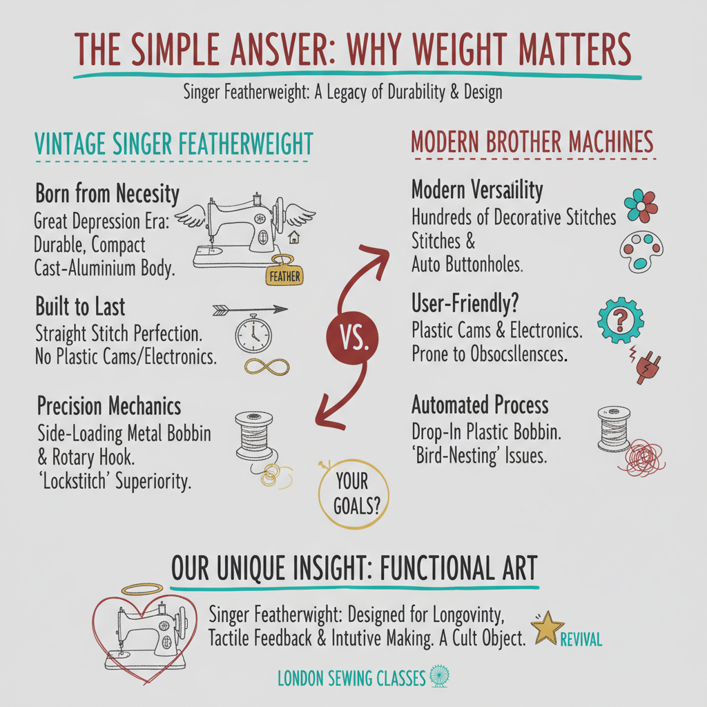 Infographic about what is a singer featherweight sewing machine for London Sewing Courses
