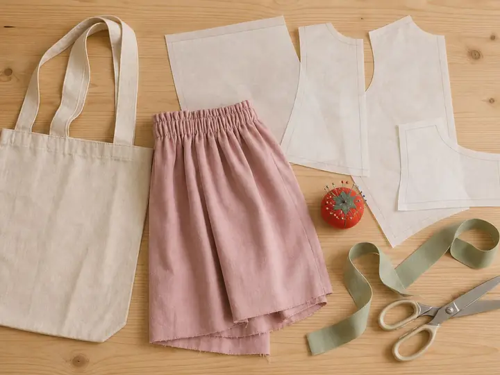 A tote bag, a pink gathered skirt, paper pattern pieces, scissors and a pincushion on a wooden table