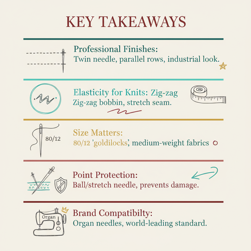Key takeaways infographic for what is a twin needle used for what is a stretch needle

