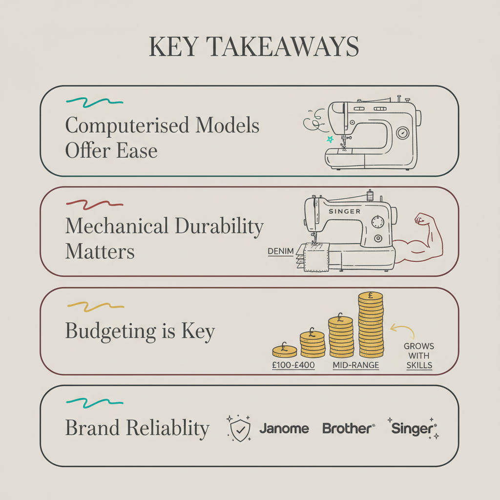 Key takeaways infographic for what is the best beginner sewing machine to buy what is the best basic sewing machine to buy

