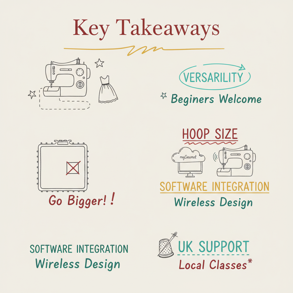 Key takeaways infographic for what is the best sewing and embroidery machine for beginners what is the best cheap embroidery machine