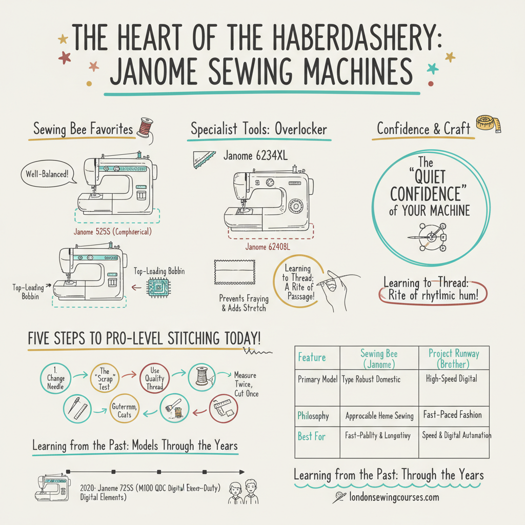 Infographic about what sewing machine do they use on sewing bee 2026 for London Sewing Courses

