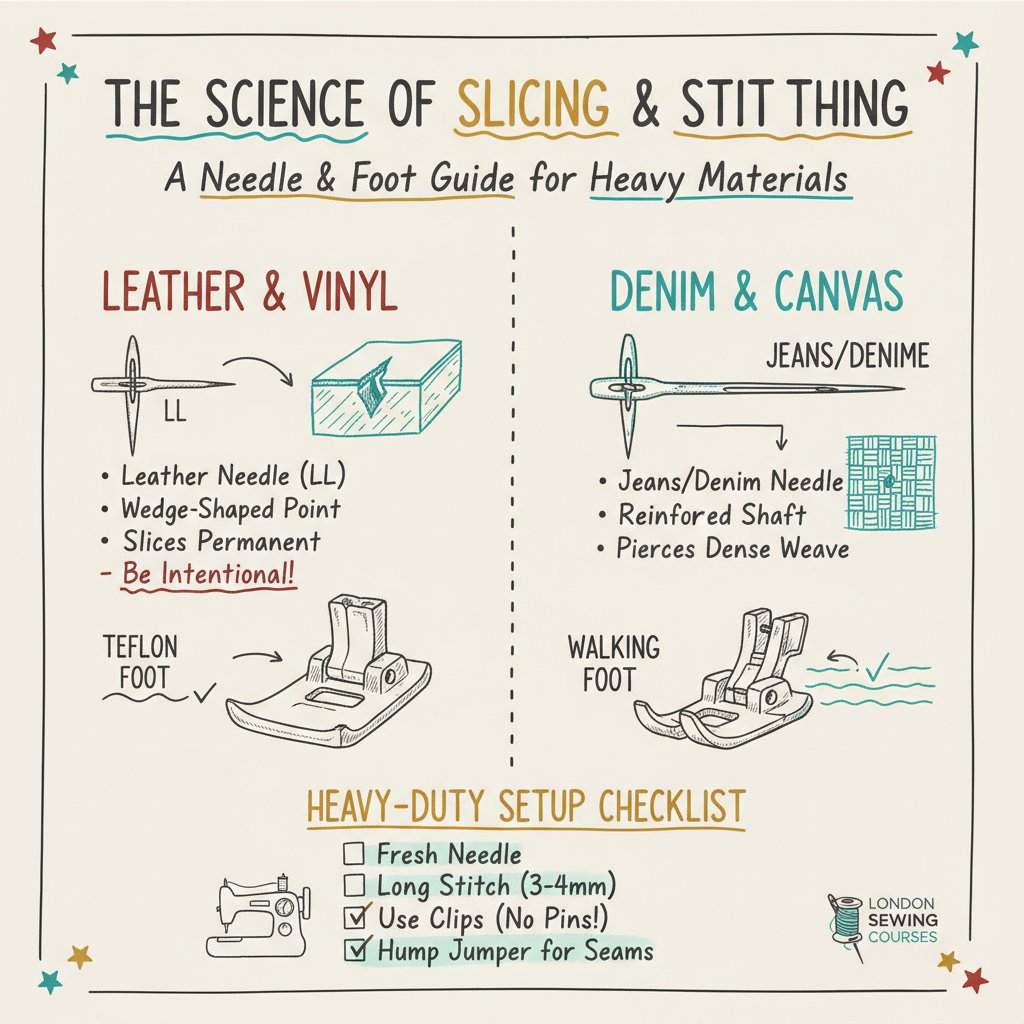 Infographic about what type of needle for leather for London Sewing Courses
