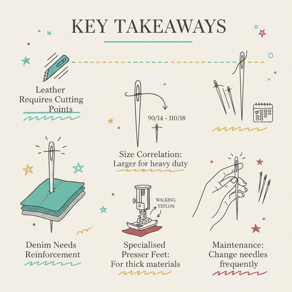 Key takeaways infographic for what type of needle for leather hat needle to use for jeans, what type of needle for denim
