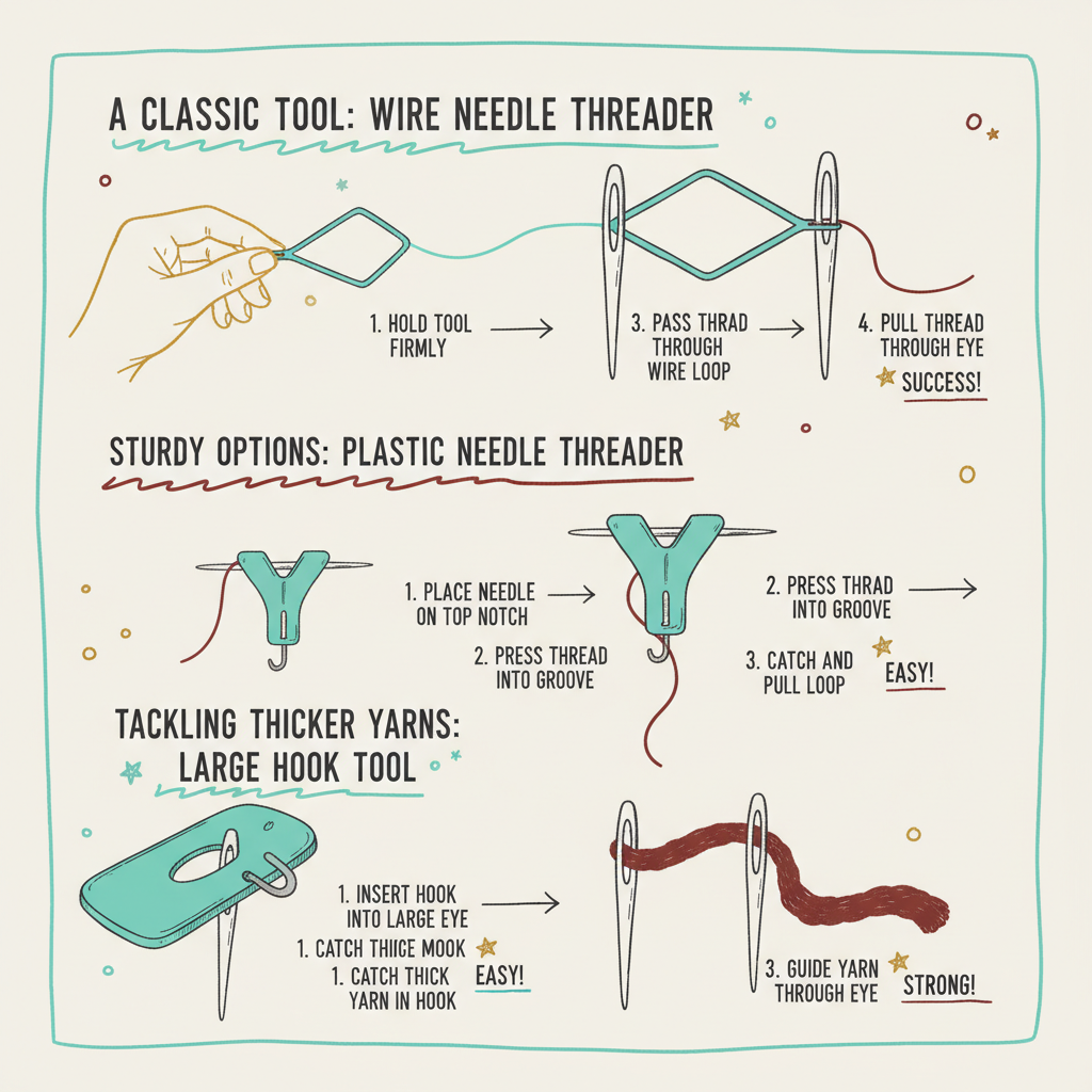Infographic about how to use a needle threader for hand sewing for London Sewing Courses