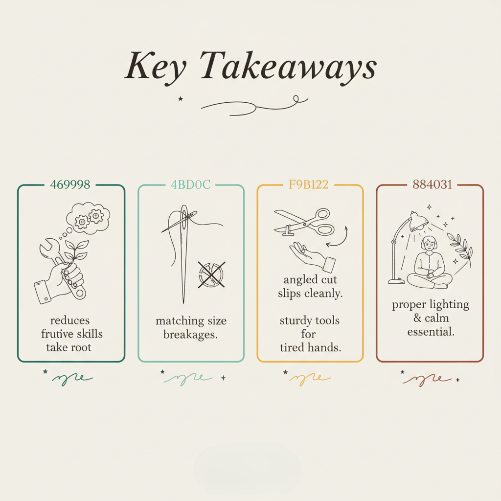 Key takeaways infographic for how to use a needle threader for hand sewing how to use a needle threader tool,