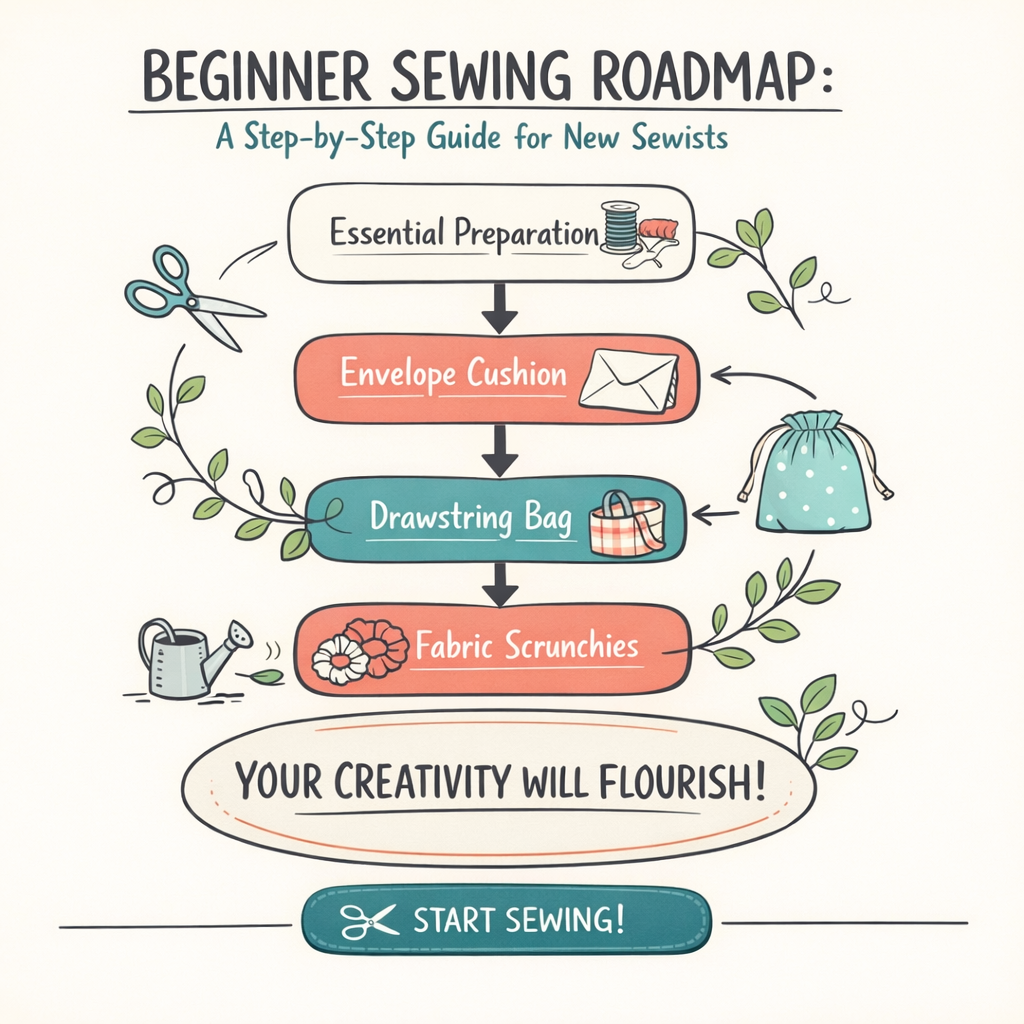 Beginner sewing roadmap with essential preparation and the best sewing projects for first-time sewers: an envelope cushion, drawstring bag and fabric scrunchies.