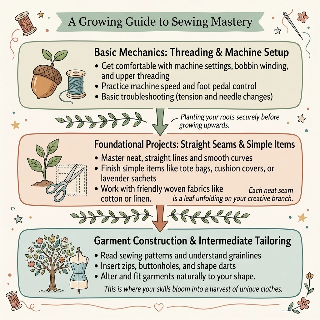 Infographic guide from London Sewing Courses showing the step-by-step learning path from basic machine setup to garment construction.