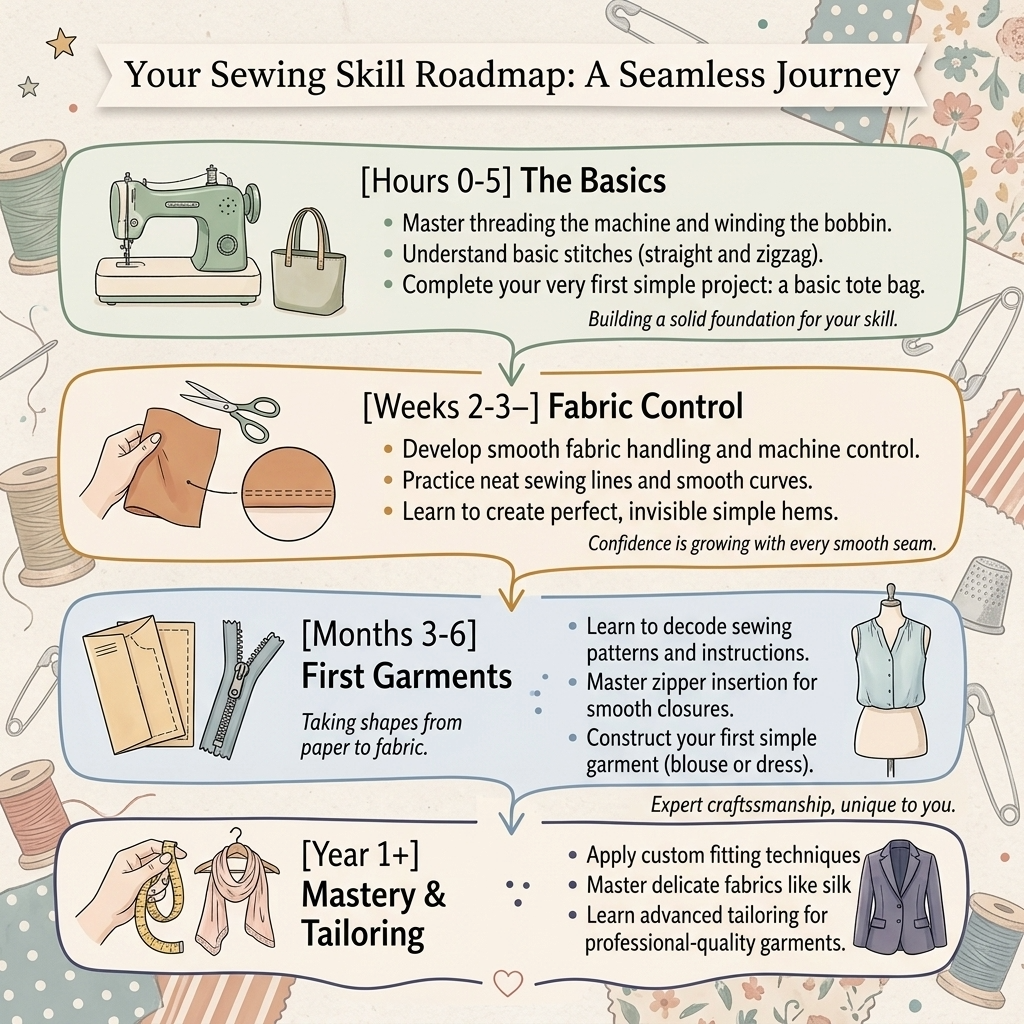 Sewing skill learning roadmap graphic from London Sewing Courses, detailing stages from basic machine setup to advanced garment tailoring.