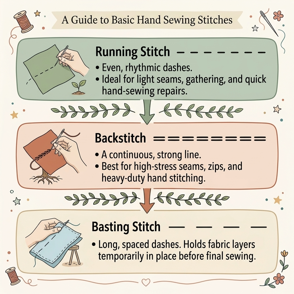 An illustrated guide titled 'A Guide to Basic Hand Sewing Stitches' by London Sewing Courses, detailing running stitch, backstitch, and basting stitch with visual stitch patterns and uses.