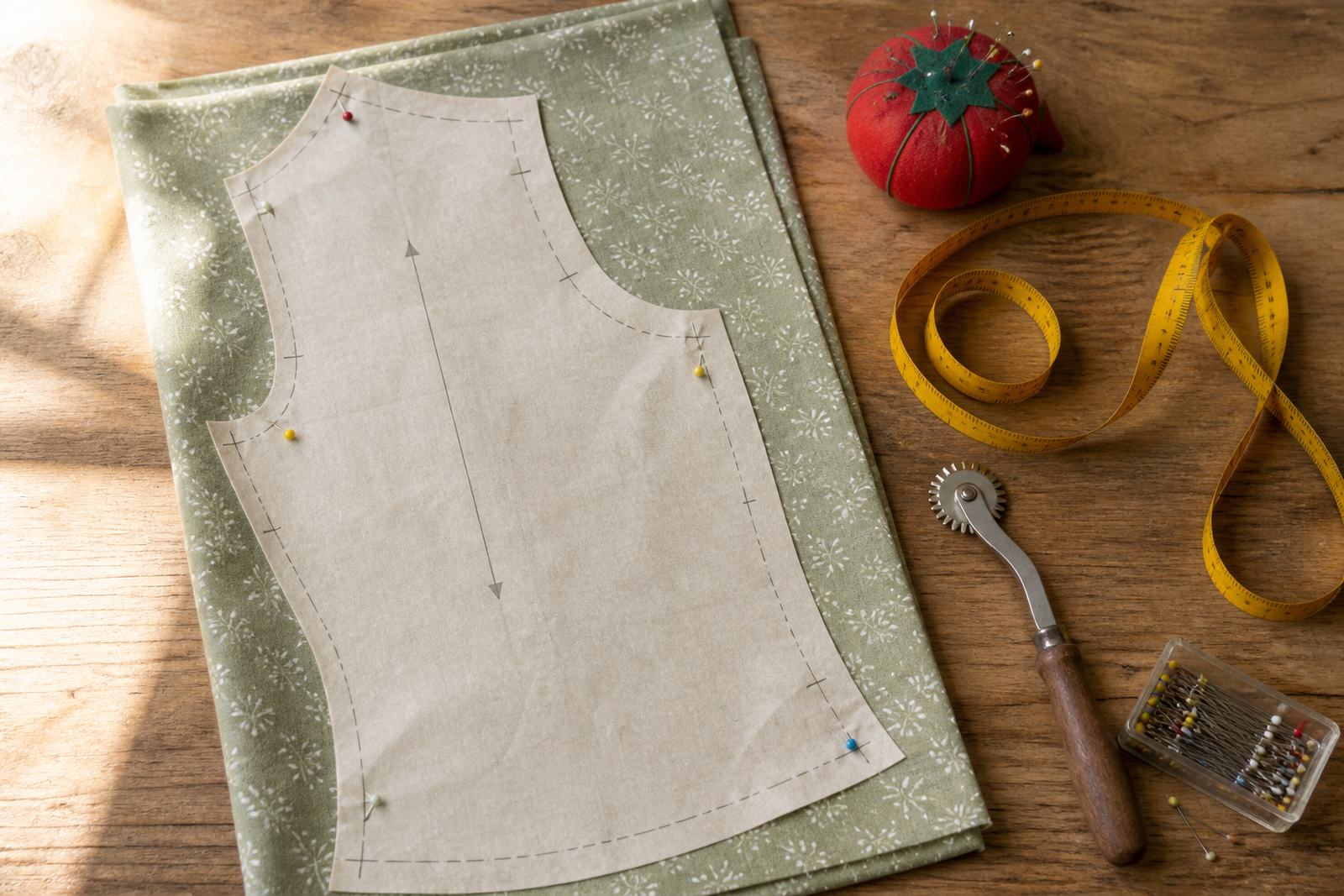 A tissue dressmaking pattern piece with grainline and notches, pinned to folded sage green cotton beside pins and a tape measure.