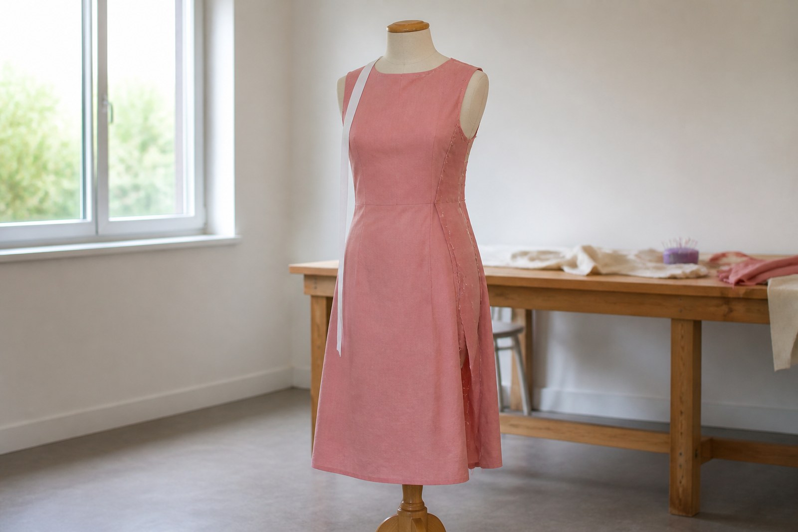 A half made dusty pink dress pinned to a headless dress form in a bright studio, one side seam still open and tacked.