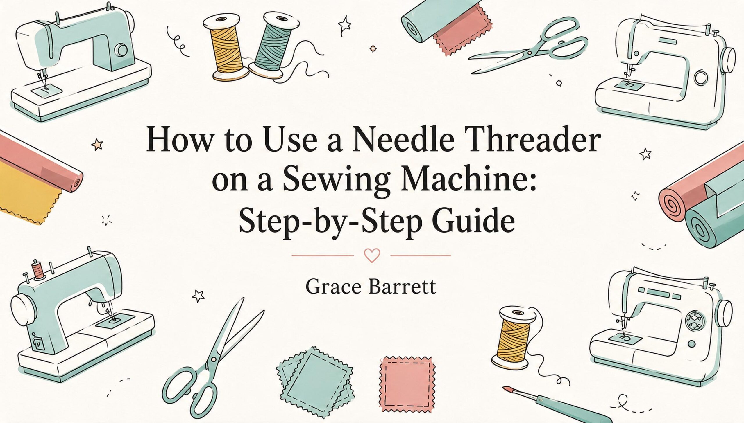 Blog post banner featuring fabric swatches, scissors, and the title "How to Use a Needle Threader on a Sewing Machine: Step-by-Step Guide" by Grace Barrett.
