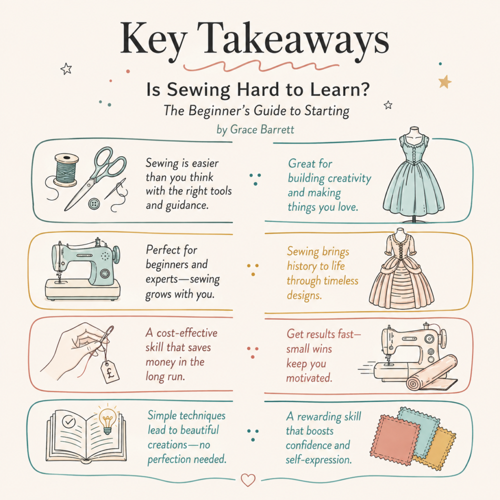 Key takeaways guide on how to start learning to sew and why sewing is a useful skill for beginners.
