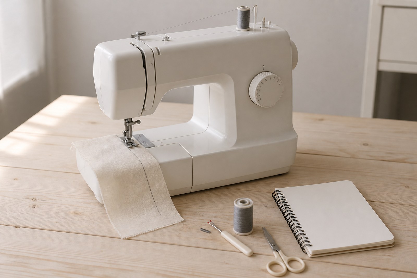 A threaded domestic sewing machine on a wooden table, calico under the foot showing a first row of practice stitches.
