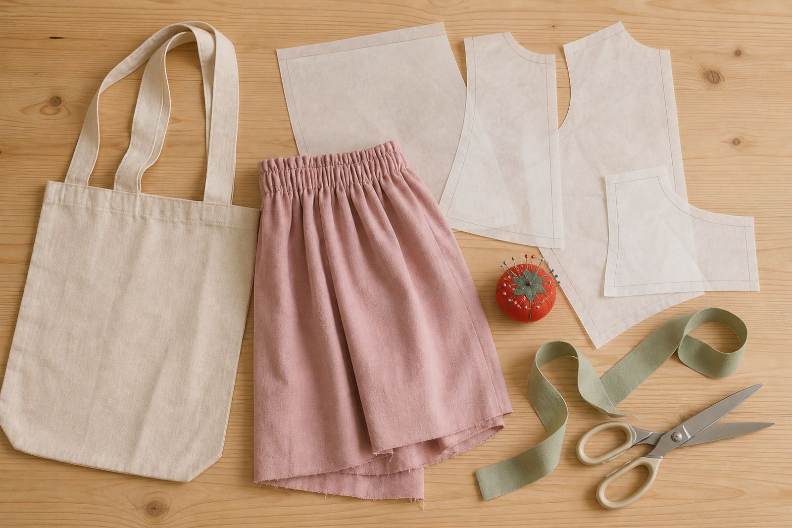Flat lay of a finished cotton tote bag, a half made pink skirt, tissue pattern pieces, a pincushion and shears.