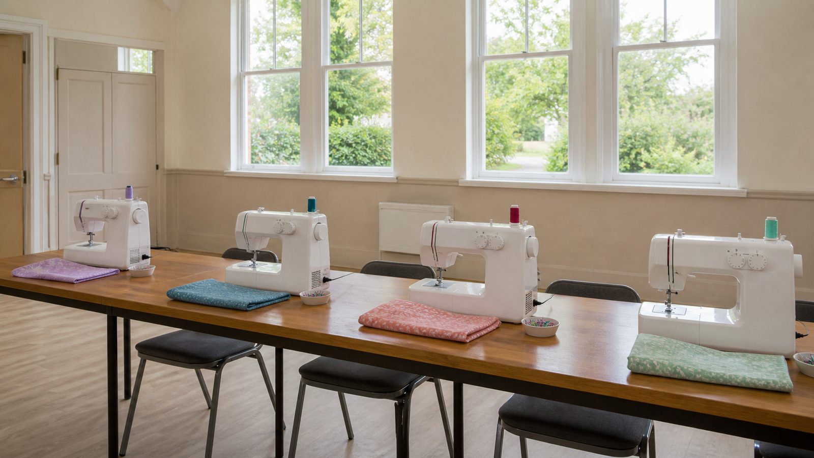 Domestic sewing machines threaded and ready on a long table in a bright community sewing classroom.