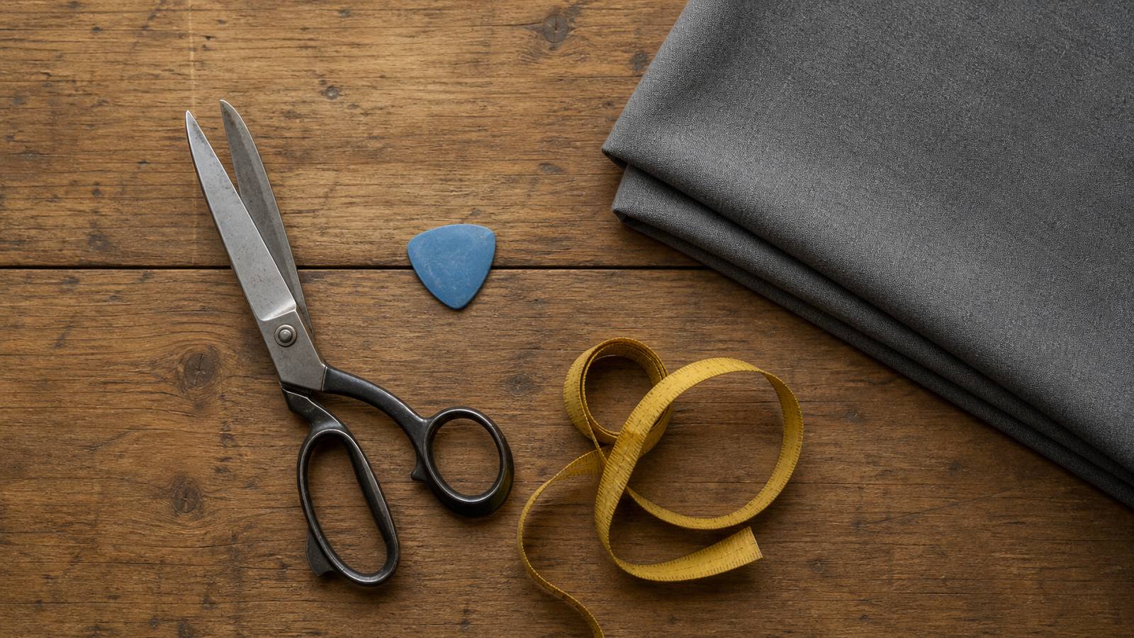 Tailoring tools for a beginner: shears, blue tailors chalk, a tape measure and folded grey wool cloth on a worktable.