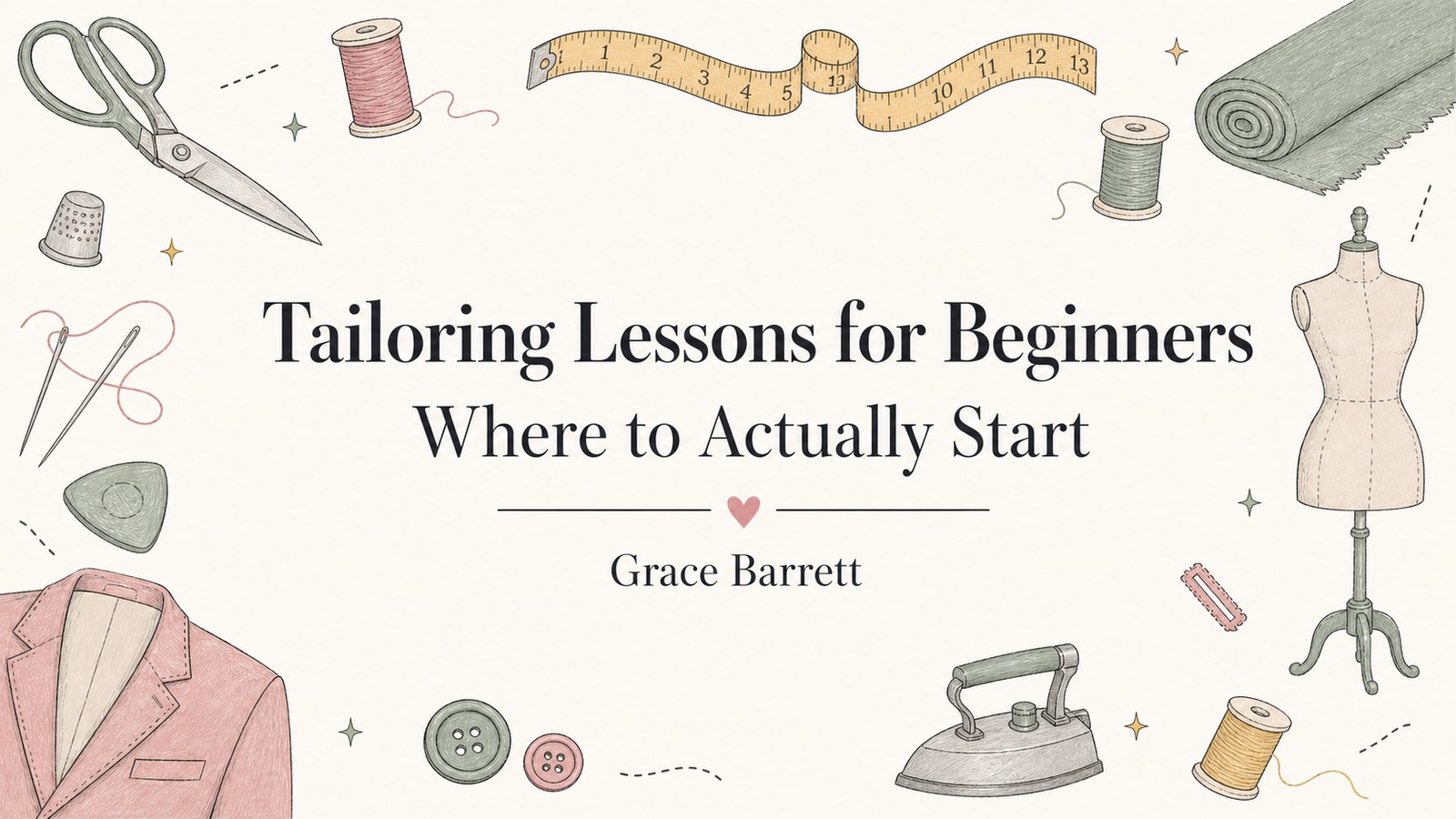 Title card reading Tailoring Lessons for Beginners, Where to Actually Start, by Grace Barrett, framed by drawings of shears, a dress form and thread.