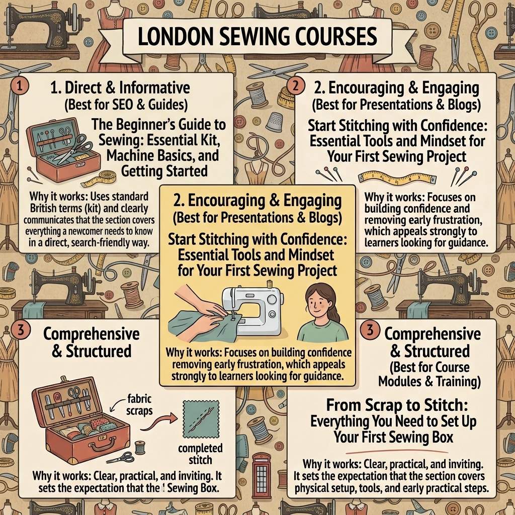 Infographic sewing courses in London. Central machine, corner modules for beginners: essential kit, machine basics, mindset, first box. London landmarks icons.