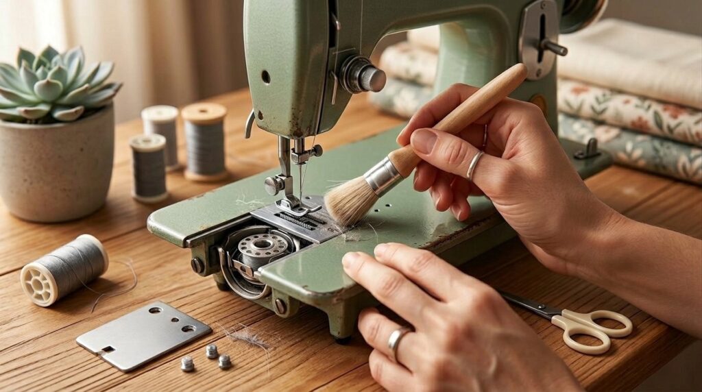 DIY sewing machine repair vs professional service: brushing lint from the feed dogs and bobbin case during routine home cleaning.