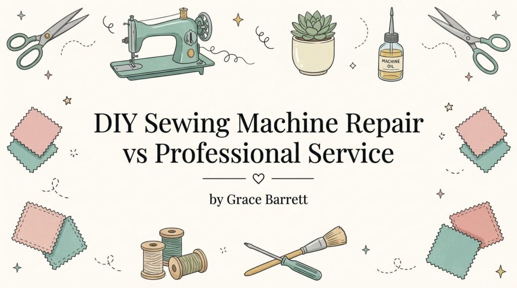 Blog post banner featuring a sewing machine with repair tools, thread and fabric swatches, with the title “DIY Sewing Machine Repair vs Professional Service” by Grace Barrett.