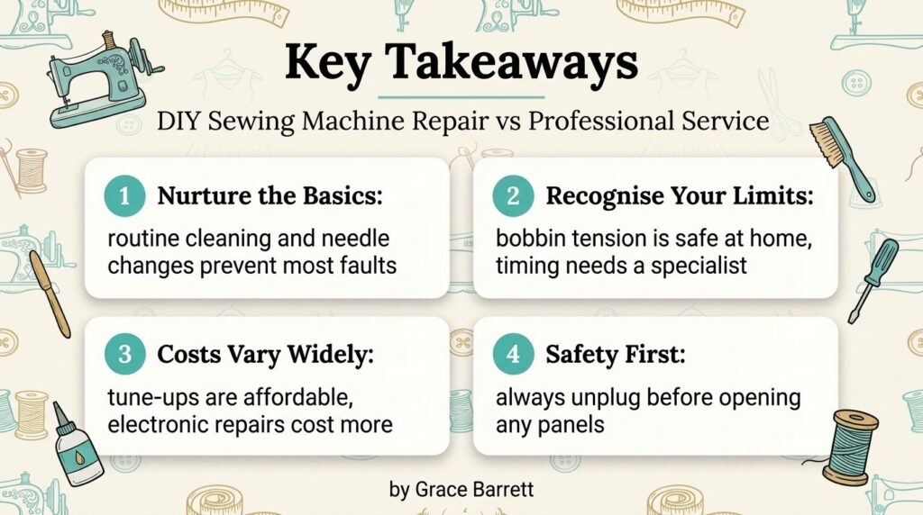 Key takeaways from “DIY sewing machine repair vs professional service”: nurture the basics, recognise your limits, costs vary widely and safety first, listed in a simple graphic with sewing illustrations, by Grace Barrett.
