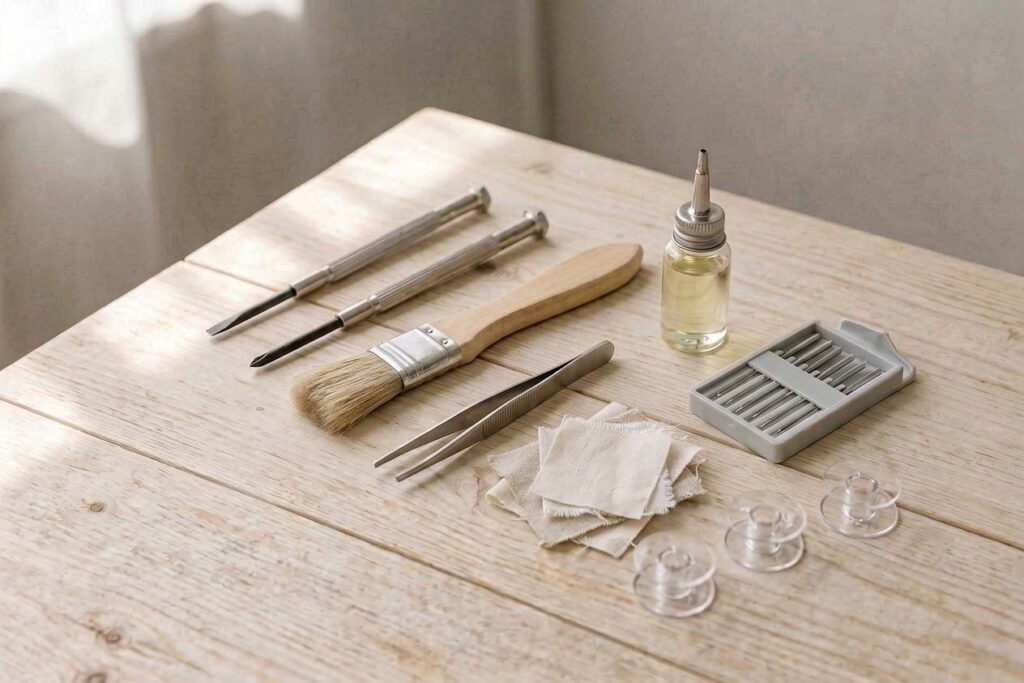 A home maintenance kit for DIY sewing machine repair vs professional service: small screwdrivers, a soft brush, fine tweezers and machine oil.