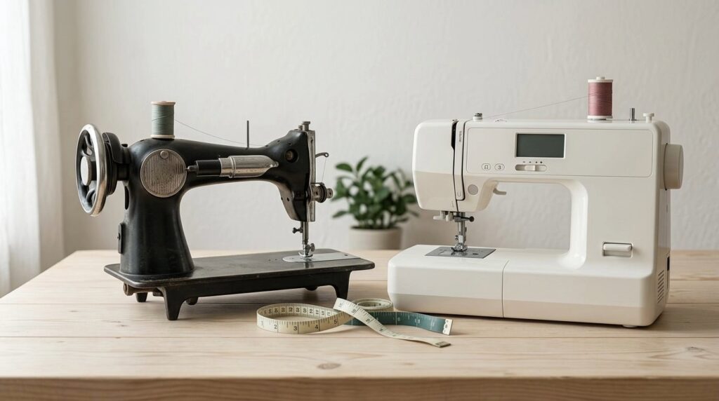 Sewing machine repair vs replace: a vintage all-metal workhorse standing beside a modern computerised machine.