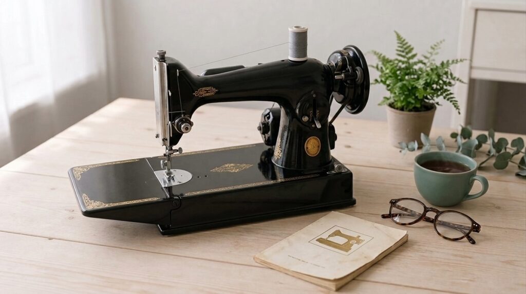 Singer sewing machine repair guide: the original instruction booklet beside a vintage Singer sewing machine on a craft table.