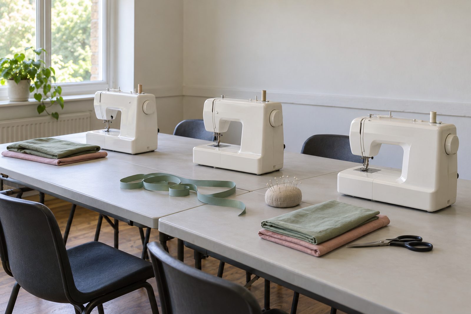 An empty classroom with three white sewing machines on pushed-together tables, folded sage and pink fabric and a pin cushion.